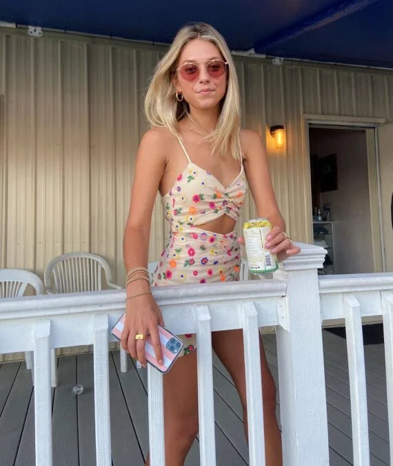 Ella McFadin wearing the Limited Edition Leisure Society Escher Sunglasses in Rose Tint