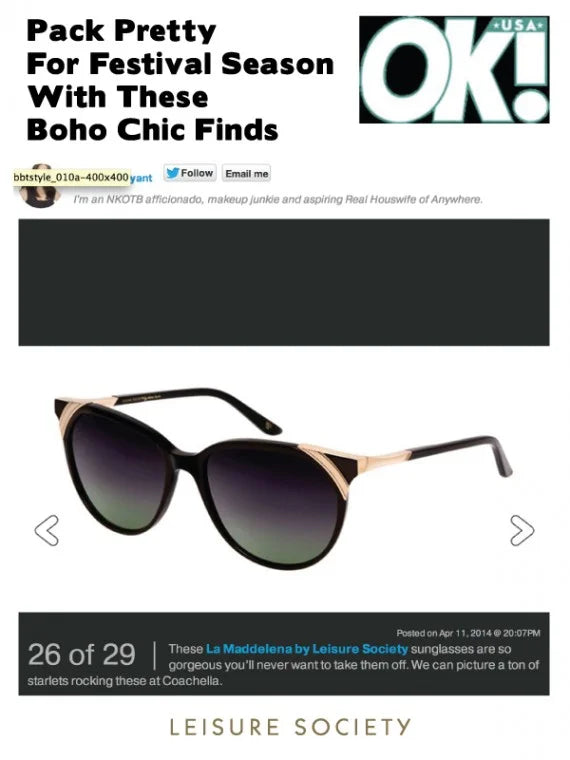 Leisure Society’s La Maddelena sunglasses featured on OK! Magazine.com